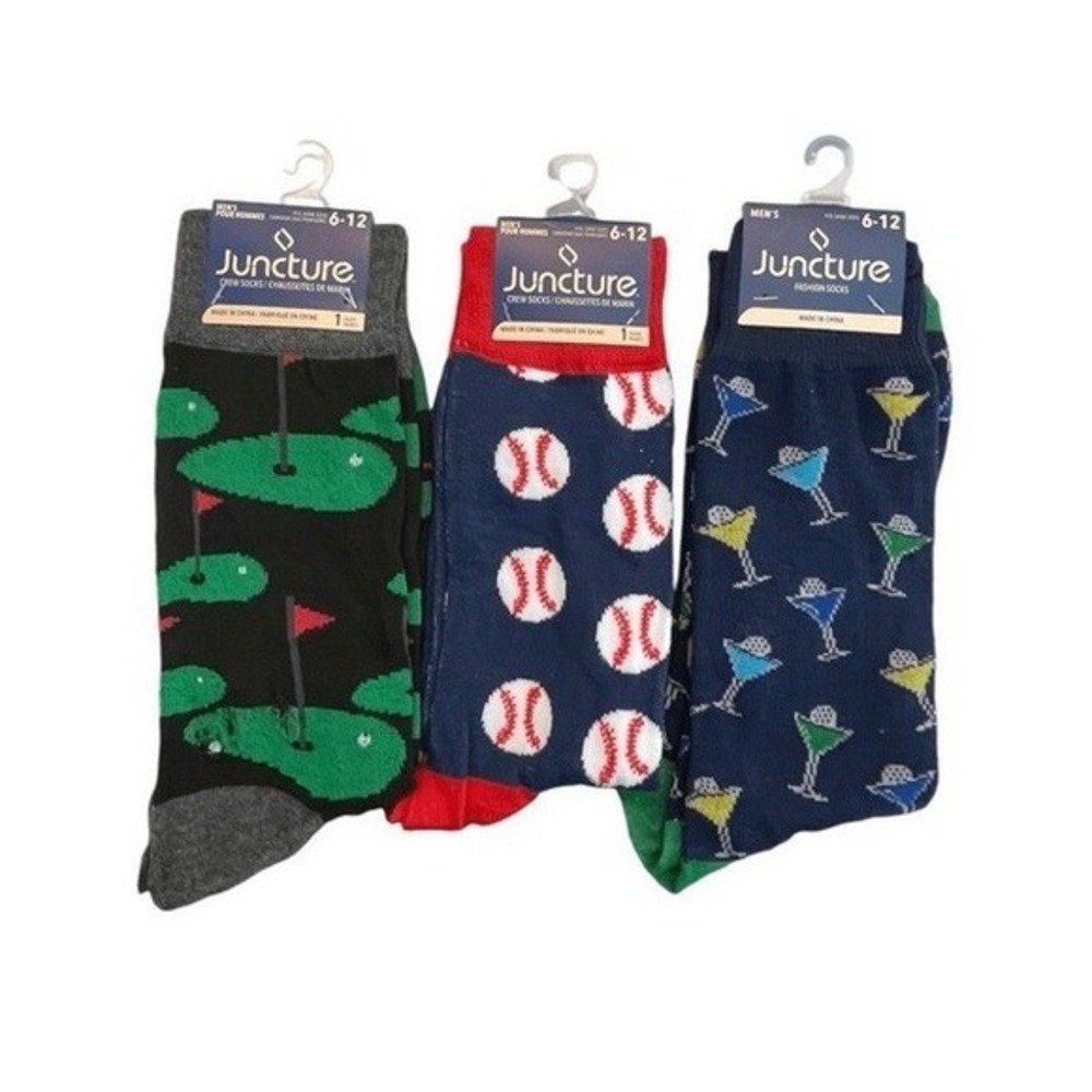 Juncture Sports Crew Socks 3 Pack Lot Black Blue Knit Baseball Gold Martini Men'
